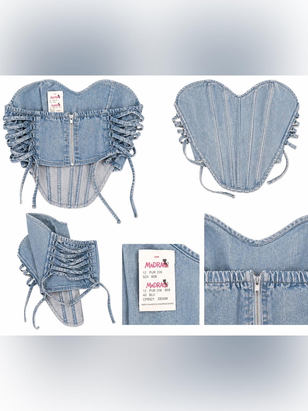 Y2K Denim Lace-Up Corset Top‎ Light Blue Large Zipper Vest
